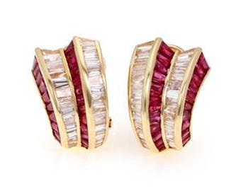18k Yellow Gold 10.00ct Diamond & Ruby Curved Post Clip Earrings