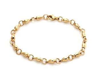 May include: A gold-colored bracelet with a series of connected, rounded links. The links have a textured, segmented design. The bracelet is secured with a lobster clasp. The jewelry is displayed against a white background.