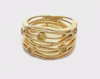 Yellow Diamond Gold Ring 18k Yellow Wire Wave Wide Band