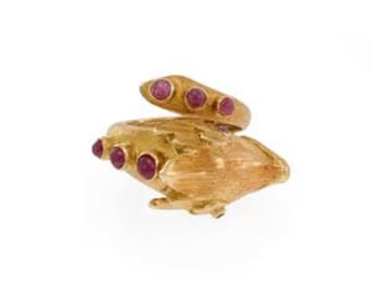 Ruby 18k Yellow Gold Ring Cabochon Gems Bypass Vintage Band