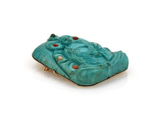 Vintage Genuine Carved Turquoise Buddha 14k Yello… - image 5