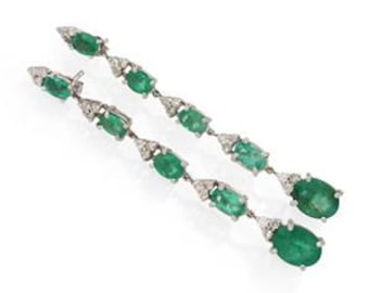 Vintage 6.60ct Emerald & Diamond 14k White Gold Dangle Earrings