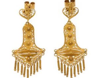 Vintage Earrings 18k Gold Etruscan Filigree Tassel Chandelier