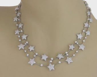 Diamond Gold Star Necklace 4.58ct Double Row 18k White Collar Style