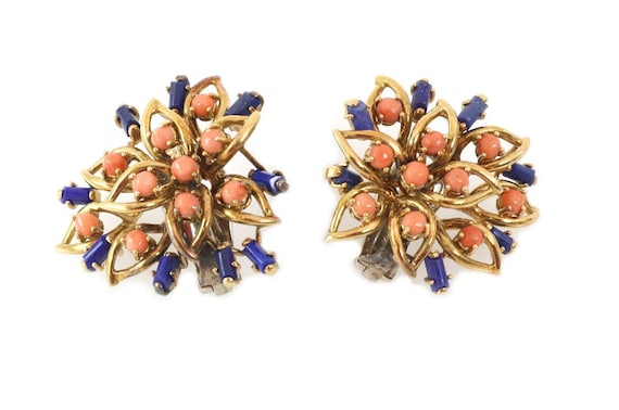 Vintage Lapis & Coral 18k Yellow Gold Floral Post… - image 1