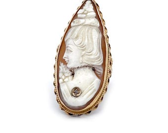 Bague camée pour femme longue forme poire en or jaune 14 carats vintage, taille 7,75