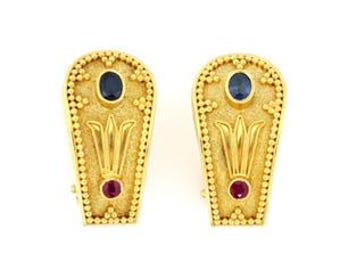Ruby Sapphire Post Clip Earrings 18k Yellow Gold Floral Greek Style