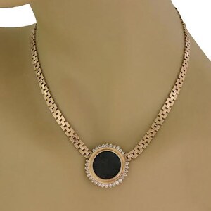 Diamond 14k Yellow Gold Medallion Coin Pendant Square Link Necklace