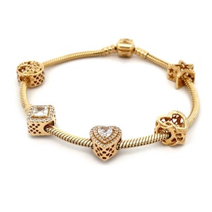 Pandora CZ 14k Yellow Gold 5 Slide Charms Snake Chain Bracelet