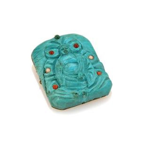 Vintage Genuine Carved Turquoise Buddha 14k Yello… - image 1