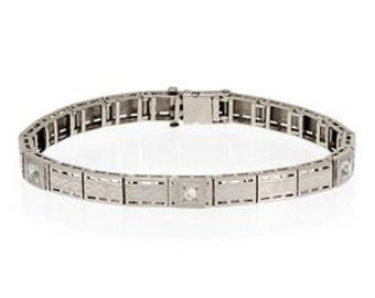 Art Deco Diamond Aquamarine Platinum 14k Gold Rectangle Link Bracelet
