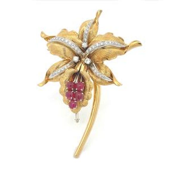 Spritzer & Furman Diamond Brooch Ruby 18k Gold Leaf Petals Flower Pin