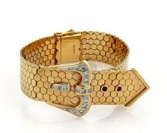 18k Belt & Buckle Bracelet Stunning Estate Diamonds Two Tone Gold Hexagon Link