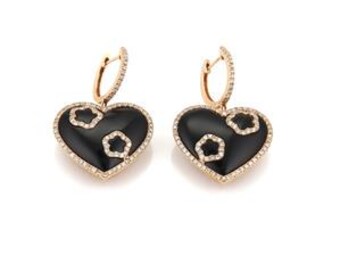 1.00ct Diamond Onyx 18k Rose Gold Hearts Drop Dangle Earrings