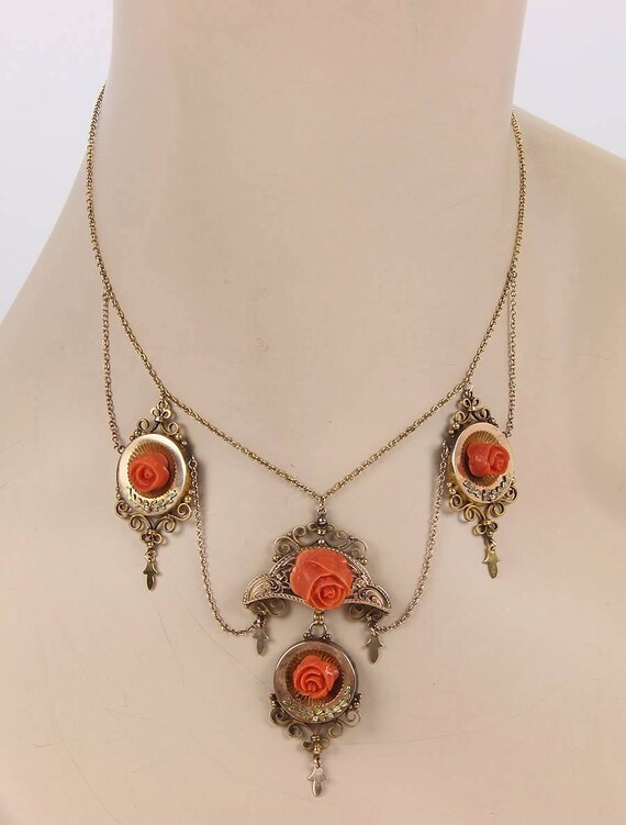 Antique Victorian 14kt Rose Gold Coral Roses Drop