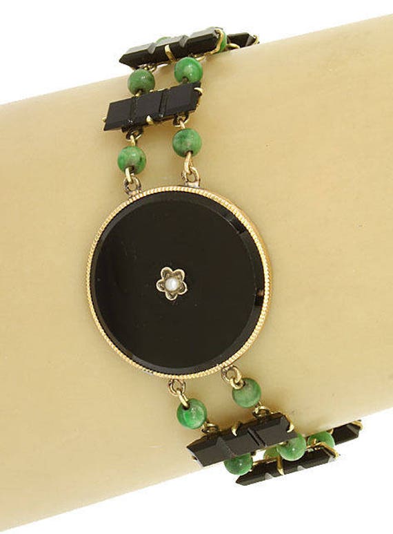 Victorian 14k Yellow Gold Black Onyx & Green Jade… - image 2