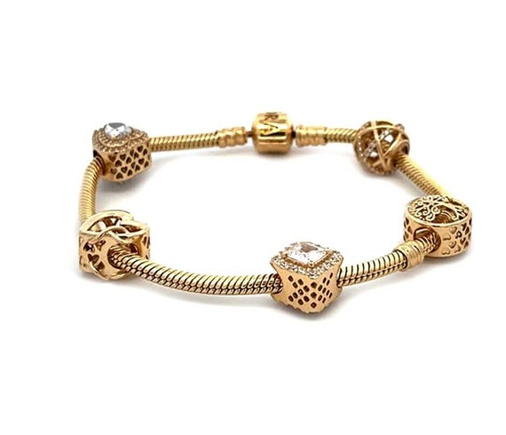 Pandora CZ 14k Yellow Gold 5 Slide Charms Snake Chain Bracelet - Etsy