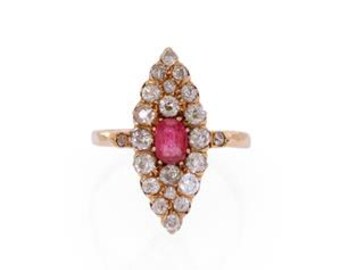 Victorian Diamond Ruby 18k Rose Gold Marquise Cocktail Ring Size 9.25