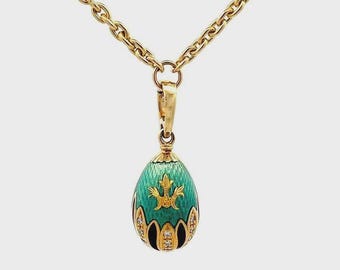 Faberge Diamond Egg Pendant Necklace 18k Yellow Gold Guilloche Enamel