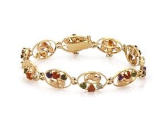Art Nouveau 18k Bracelet Multi-Color Gemstones Yellow Gold Floral Oval Link