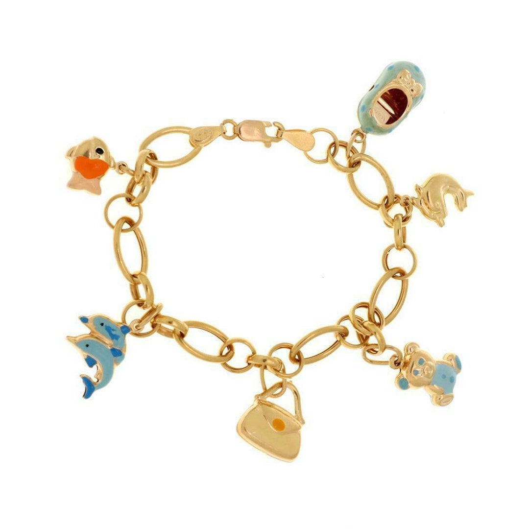2236 - Vintage 18k Yellow Gold Multi-color Enamel 6 Charms Chain