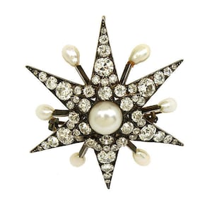 Antique 7.50ct Old Mine Cut Diamonds & Pearls Star Brooch Pendant in 14k Gold