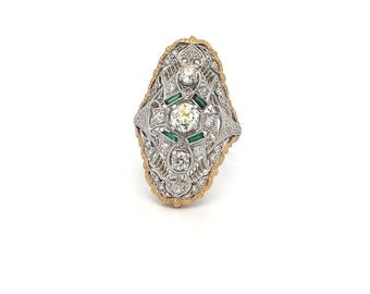 Art Deco Diamond Platinum Palladium 14k Gold Long Filigree Ring