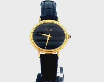 Piaget Ladies Gold Watch Vintage 18k Yellow Oval Manual Wind Leather Band