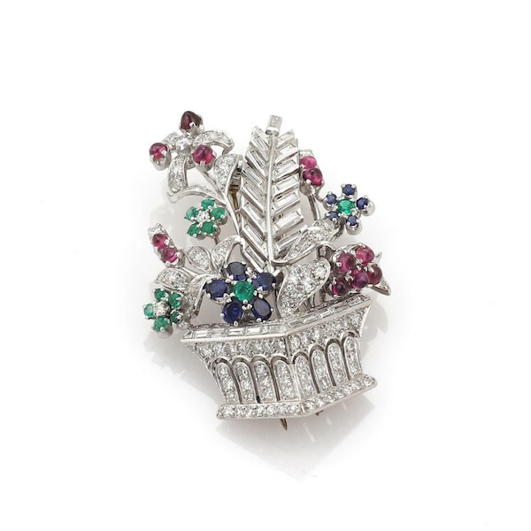 698 - Estate 5.71ct Diamond & Gems Platinum Flower Basket Brooch Pin