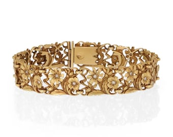 French Art Nouveau Diamond 18k &17k Yellow Gold Pansy Flowers Leaf 14mm Wide Bracelet