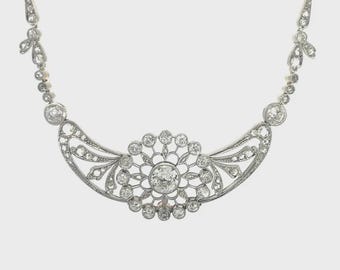 Art Deco Diamond Platinum Necklace Gold Floral Centerpiece w/Chain