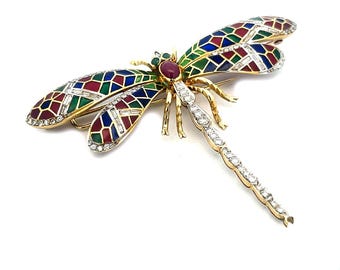 Diamond Plique-à-jour 18k Brooch Dragonfly Gemstone Enamel Yellow Gold