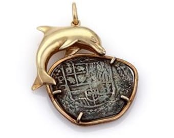 Antique Style Silver Coin 14k Yellow Gold Dolphin Pendant