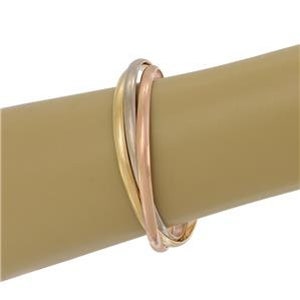 May include: A triple band ring with three bands of gold, rose gold, and white gold intertwined. The bands are polished and have a smooth, shiny finish.