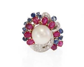 Diamond Ruby Sapphire 9.25ct Pearl 14k White Gold Cocktail Ring