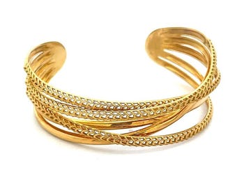 Crossover Gold Cuff Bracelet 5 Row 18k Yellow Open Style Spiga Link