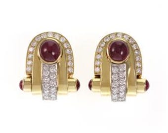 Gorgeous Earrings 8 Carats Cabochon Ruby & Diamond 18k Gold Post Clip
