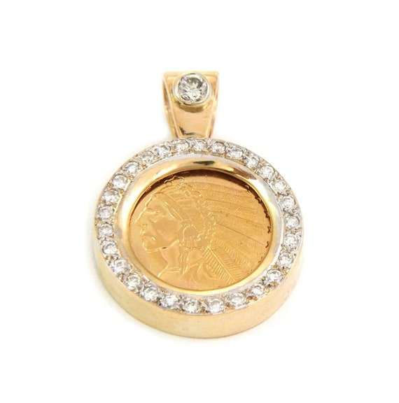 Estate 1ct Diamond 22k Indian Head Gold Coin 14k Gold Round Pendant