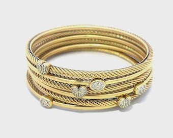 David Yurman Set of 6 Gold Bangles Diamond 18k Yellow 3mm Cable Style