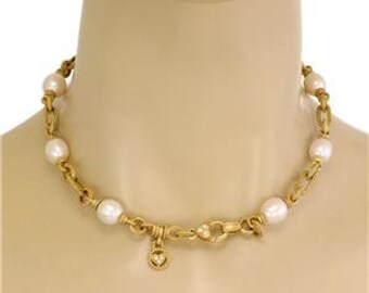 Judith Ripka Diamond Pearls 18k Yellow Gold Textured Link Necklace