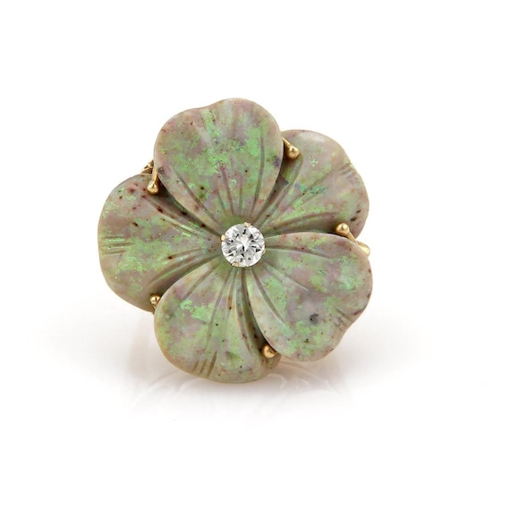 Vintage Opal & Diamond Large Flower 14k Yellow Go… - image 1