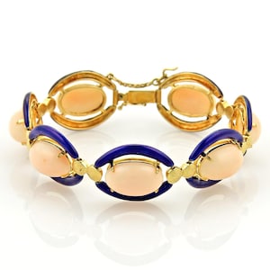 Vintage Cabochon Angel Skin Coral & Enamel 14k Yellow Gold Fancy Bracelet