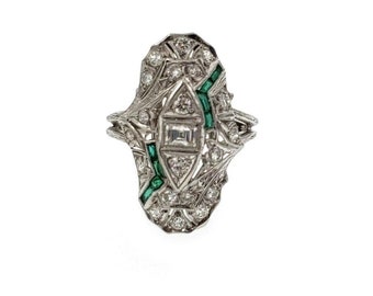 Art Deco Diamond Emerald Platinum Oval Shape Milgrain Design Ring