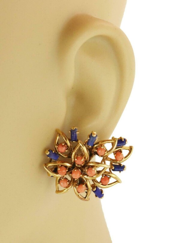 Vintage Lapis & Coral 18k Yellow Gold Floral Post… - image 2