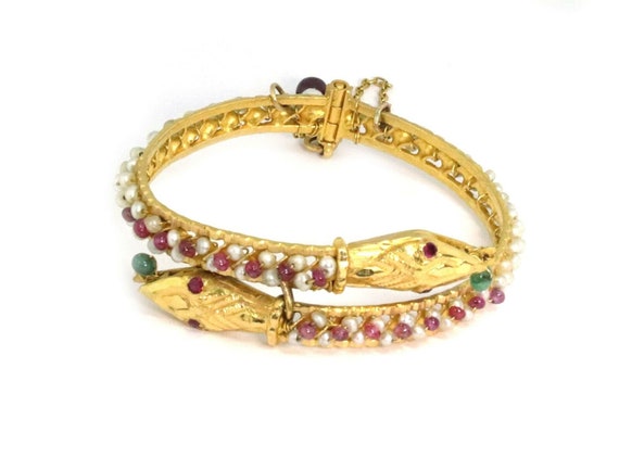 Estate Ruby Emerald Pearl 21k Gold Double Snake H… - image 1