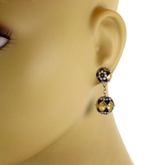 Retro 18k Yellow Gold Blue & White Enamel Ball Sc… - image 4