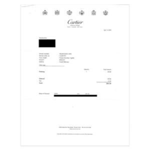 May include: A black and white receipt with the Cartier logo at the top. The receipt includes the date, a list of items purchased, the total amount, and the name of the store.