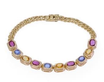Multicolor Sapphire 18k Yellow Gold Oval Link Curb Chain Bracelet