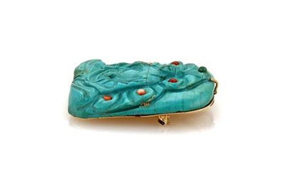 Vintage Genuine Carved Turquoise Buddha 14k Yello… - image 2