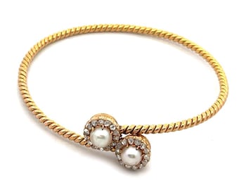 Victorian Rose Cut Diamond Gold Bangle 18k Yellow Pearls Bypass Style